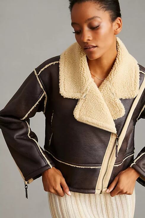 Anthropologie Jackets & Blazers - Pilcro by Anthropologie Faux Leather Jacket Womens Size XL Brown Sherpa-Lined